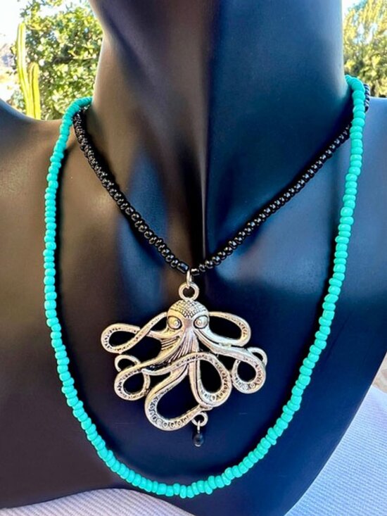 Jewelry - Black & Turquoise Seed Bead Necklaces with Kraken Octopus Pendant
